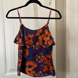 MM Couture By Miss Me Floral Ruffle Tank Top Blouse Navy Orange Womens Size S